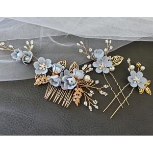 3pcs Set Blue Bride headpiece Comb Pin wedding